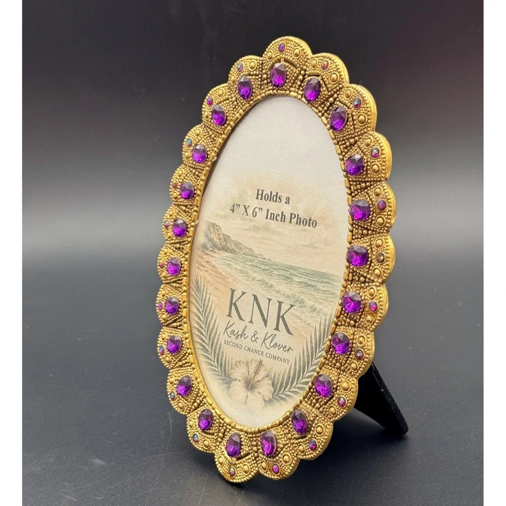 Oval Picture Frame Gold Purple Rhinestone Coastal Glam 4